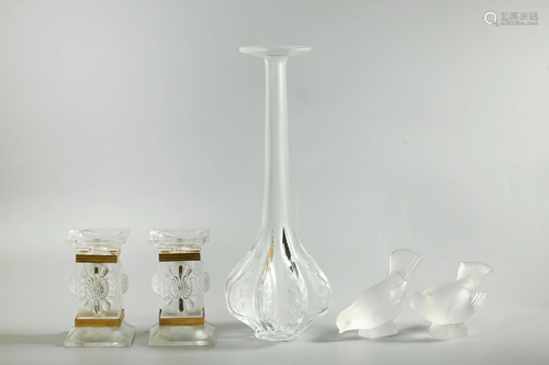 5 Lalique Pieces: Vase, 2 Candlesticks, 2 Birds