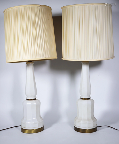 Pr Mid Century French Style Milk Glass Lamps