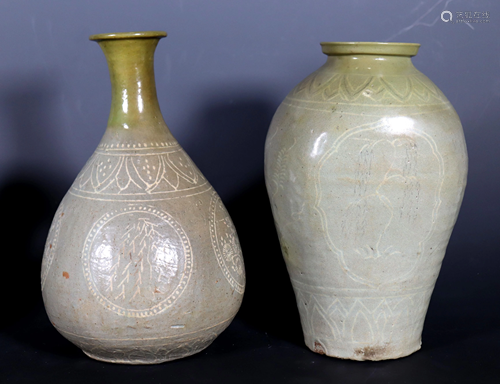 2 Joseon Korean Inlaid Celadons; Bottle & Vase