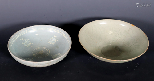 2 Korean Koryo Celadon Bowls; Carved & Inlaid