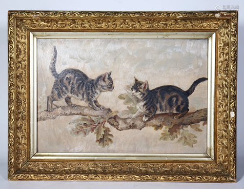 Two Cats on Branch; 19 C Oil on Academy Board