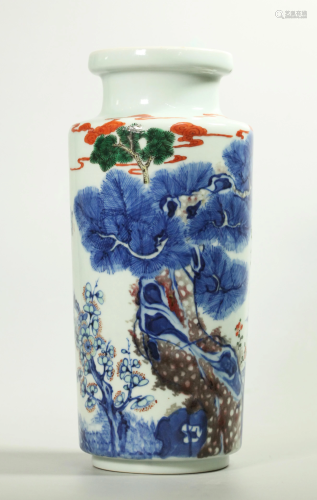 Chinese Wucai Blue & Red Porcelain Sleeve Vase