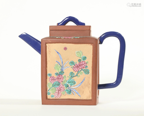 Chinese Qing Enameled Yixing 4 Sided Teapot