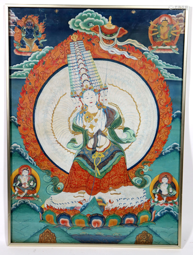 Tibetan Thangka on Fabric, Framed