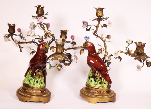 Pr Whieldon Parrots Ormolu & Porcelain Candelabra