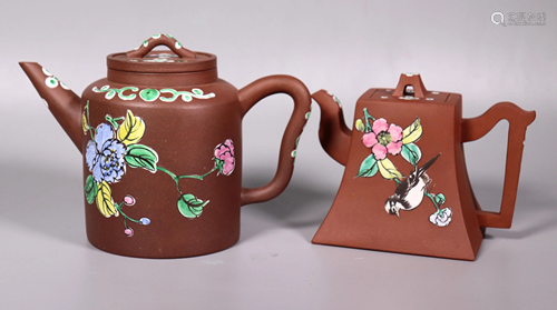 2 Chinese Enameled Yixing Teapots