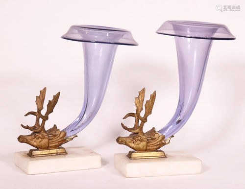 Pr English 19 C Amethyst Glass- Bronze Cornucopias