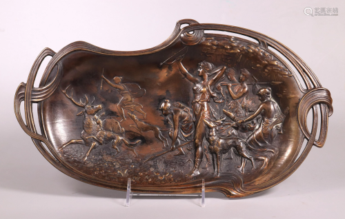 European Bronzed Art Nouveau Diana Hunting Tray