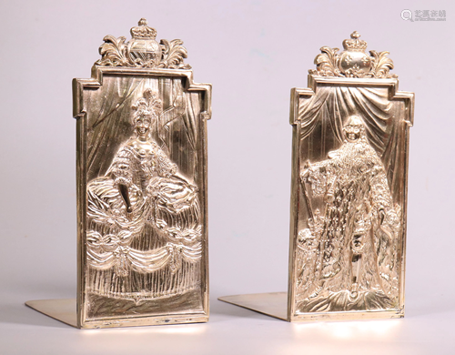 Pr European Silvered Book Ends Louis XIV & Marie