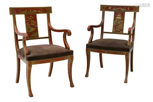 A Pair of Red Laquered Chinese-Inspired Armchairs