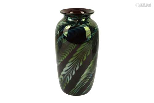 A 20th century purple glass green lustre vase, possibly signed 'ORM' to the underside, of baulster