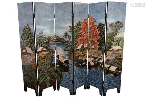 A late 20th Century Vietnamese lacquered six fold screen