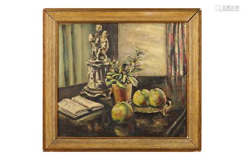 S ARMSTRONG (20TH CENTURY) Still life apples and plant and porcelain group on a table signed and