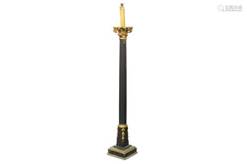 A Victorian ebonised and parcel gilt torchere converted to a standard lamp