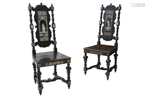 A pair of Italian ivory inlaid ebony veneered and ebonised hall chairs