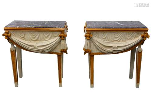 A pair of Continental carved and painted marble top side tables