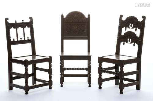 Three Jacobean style minature hardwood chairs