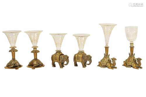 A set of six Victorian bronze and glass figurative single epergnes