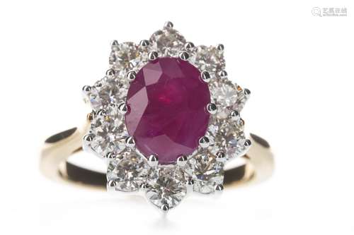 A RUBY AND DIAMOND CLUSTER RING