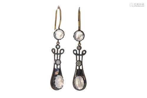 A PAIR OF MOONSTONE AND DIAMOND EARRINGS