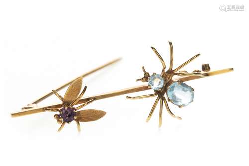 A GEM SET SPIDER AND FLY BROOCH