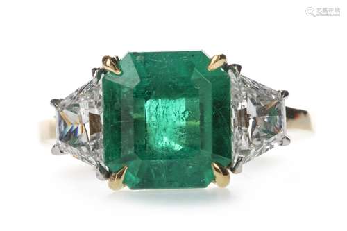 A CERTIFICATED COLOMBIAN EMERALD AND DIAMOND RING