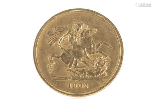 A GOLD FIVE POUND COIN DATED 1902