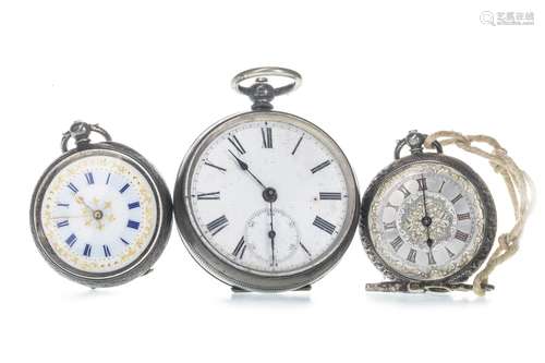 A CONTINENTAL SILVER OPEN FACE POCKET WATCH AND TWO FOB WATCHES