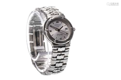 A LADY'S LONGINES STAINLESS STEEL QUARTZ WRIST WATCH