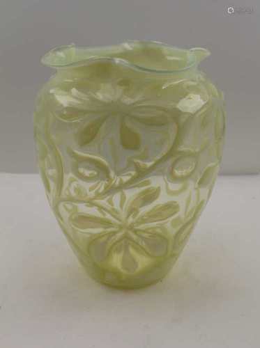 A LATE 19TH CENTURY OPALESCENT GLASS VASE with fluted rim, overall swirling stylised floral