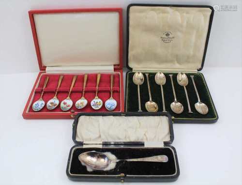 A CASED SET OF SILVER GILT & ENAMEL COLLECTOR'S SPOONS, floral decoration, Birmingham 1954, together