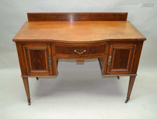 A 19TH CENTURY MAHOGANY SIDEBOARD with inlaid satinwood stringing, having plain upstand, over