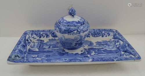 A COPELAND SPODE ITALIAN PATTERN POTTERY INKWELL on integral tray stand, complete with cover and