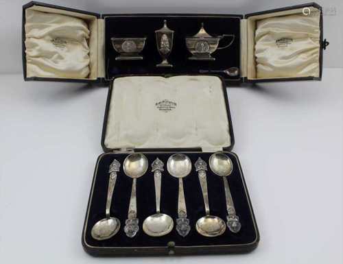 TWO CASES OF SOUTH EAST ASIAN WHITE METAL ITEMS, by F.W. Margrett of Bangkok, comprising; a set of