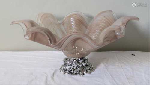 A LARGE OVOID ART GLASS TINTED BOWL set on a circular plated stand, 48.5cm x 24cm