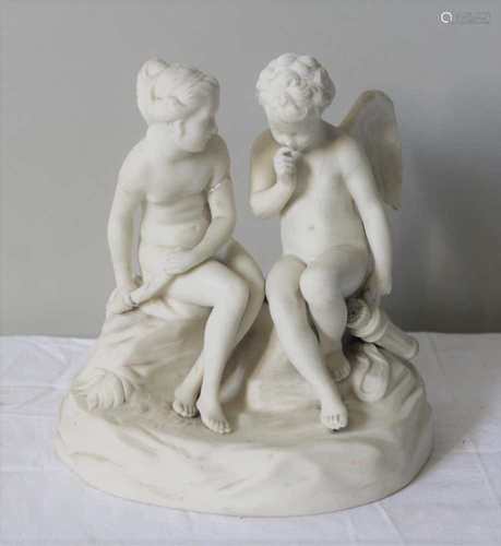 A 19TH CENTURY WEDGWOOD PARIAN WARE NUDE FIGURAL GROUP consisting of a winged cherub with a quiver