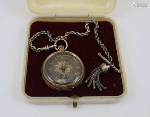 A LADY'S 9CT GOLD CASED FOB or POCKET WATCH, having decoratively chased case, gilded dial with Roman