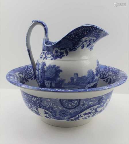 A COPELAND SPODE POTTERY EWER & BOWL SET, transfer printed blue Italian design, the bowl 32cm in