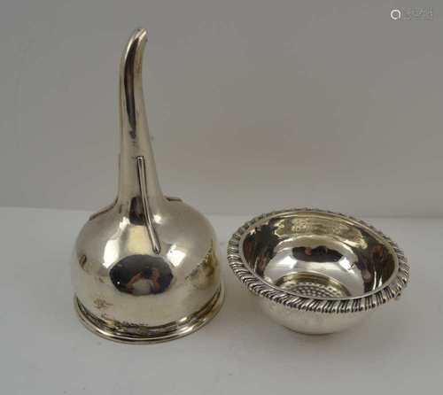 A GEORGE IV SILVER WINE FUNNEL with removable sieve bowl, gadrooned rim and shell side hook,