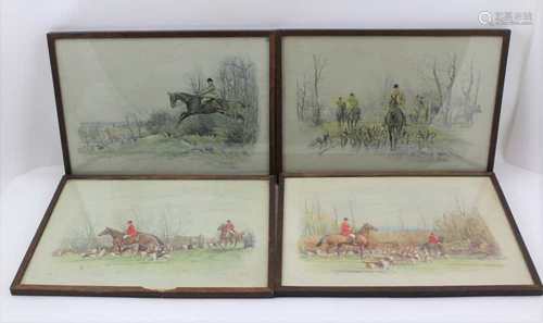 AFTER J. SANDERSON-WELLS (1872-1955) A SET OF FOUR COLOURED HUNTING PRINTS, 25cm x 35cm, glazed in