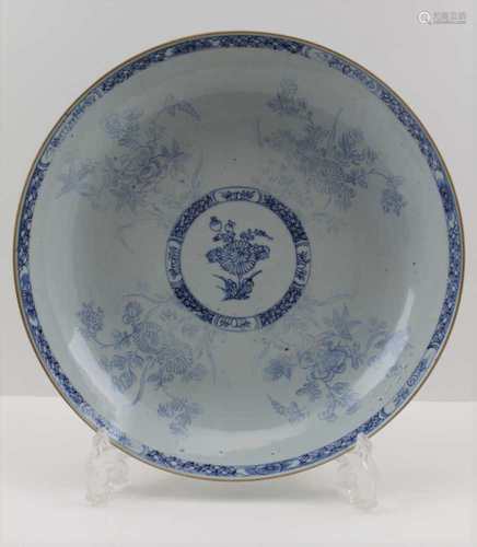 A CHINESE SHALLOW PORCELAIN BOWL, floral decoration within a banded rim, 30cm in diameter