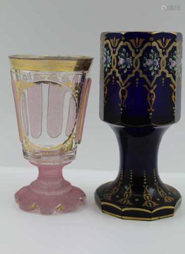 TWO 19TH CENTURY BOHEMIAN SPA GLASSES, one cobalt blue of faceted form on tapering stem, gilded