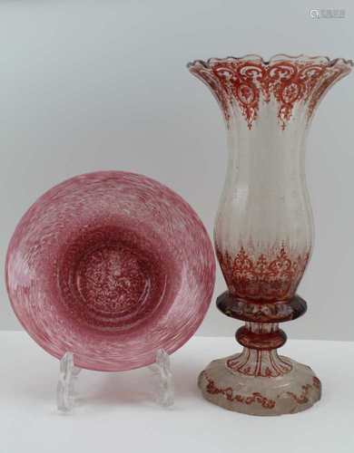 A LATE 19TH CENTURY BOHEMIAN GLASS VASE, ruby flashed, of trumpet form, 31cm high, together with a