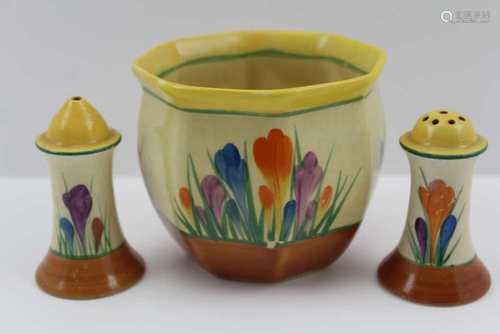 A CLARICE CLIFF BIZARRE CHESTER SHAPE CACHE POT, hand painted crocus pattern, 9cm high, together