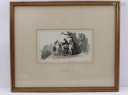 PETER DE WINT A 19TH CENTURY PENCIL & WASH SKETCH, depicting horse and people, 11.5cm x 20cm, open