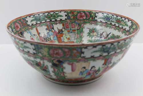 A CHINESE FAMILLE ROSE CERAMIC BOWL internally and externally painted with panels of courtly