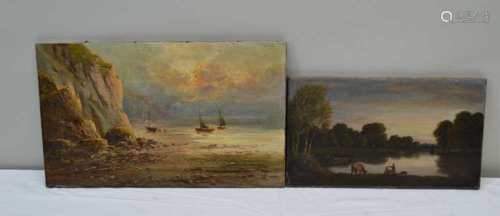 TWO 19TH CENTURY UNFRAMED OILS ON CANVAS STUDIES, one a lakeside scene, 23cm x 41cm, appears