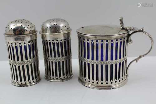 WILLIAM HUTTON & SONS LTD A SILVER CONDIMENT SET OF GEORGIAN DESIGN, comprising; lidded mustard