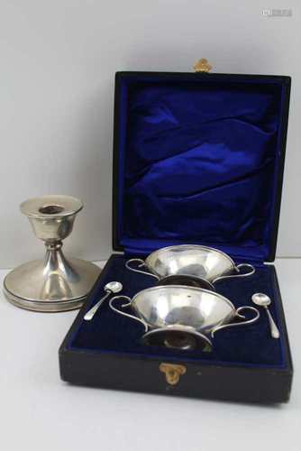 JONES & CROMPTON TWO SILVER BOAT SHAPED SALTS, with scroll handles, on oval platform base,