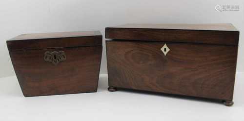 TWO 19TH CENTURY MAHOGANY TEA CADDIES, the larger one with two internal lidded compartments,